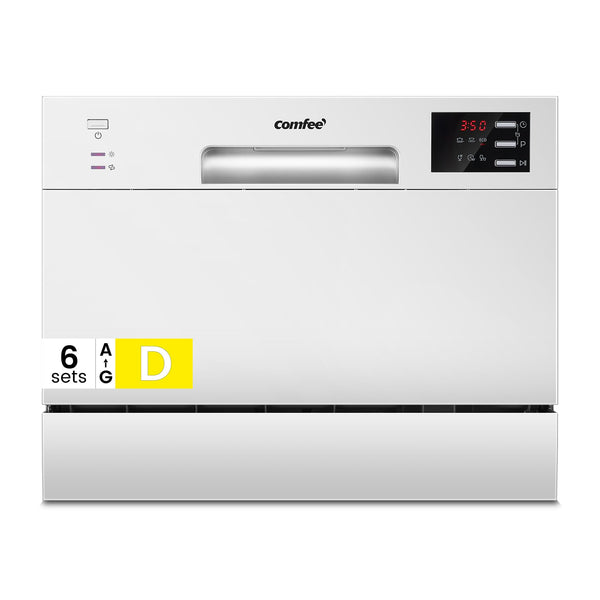 COMFEE' 2026 Six Place Tabletop Dishwasher Auto Open Dry LED Display White