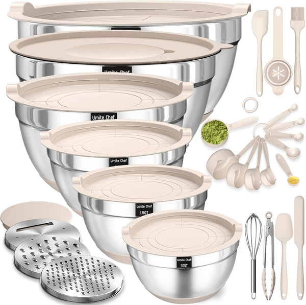Stainless Steel Mixing Bowls with Airtight Lids 26pc Set Grater Attachments